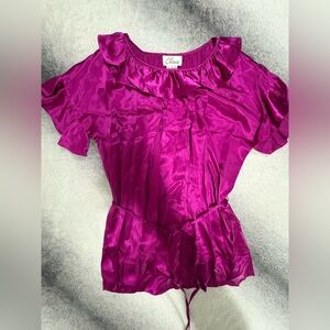 Chaus Magenta Pink Ruffle Tie Waist Dainty Silk Blouse Top Shirt‎ 8 Petite
